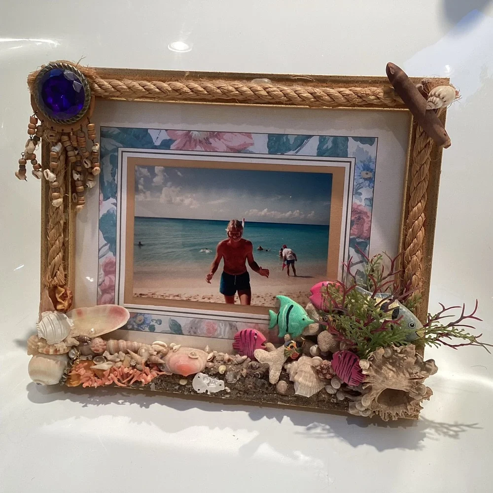 Island inspired handmade picture 3D frame fish, coral, shells and bling
